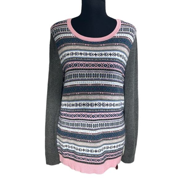 Talbots Sweaters - Talbots Gray and Pink Fair Isle Crew Neck Lambswool Blend Sweater Size MP